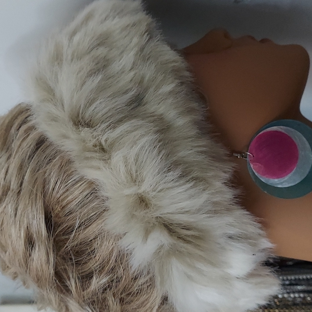 Terry Lewis Luxuries Vintage White Brown Faux Fur Head band Warmer